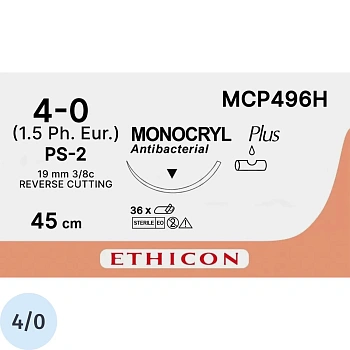 Шовный материал Монок.+ 4/0,45 см,н/окр,Пр обр.реж.19мм,3/8 MCP496H 36ш/уп
